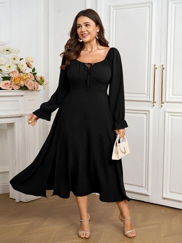 Women's Plus Size Milkmaid Dress Long Sleeve Square Neck Dress A-Line Flowy Maxi Wedding Guest Cocktail Formal Dresses in Saudi Arabia