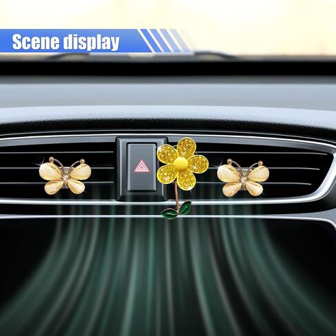 3PCS Bling Car Air Vent Clips for Women- Rhinestone Daisy Flower Butterfly Air Conditioner Outlet Clamps Charm Car Diffuser Perfume Clips- Sparkly Auto Interior Decoration Accessories (Green) in Saudi Arabia