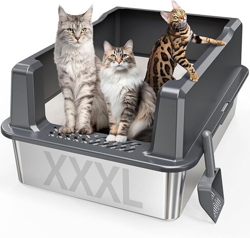 Extra Large Stainless Steel Cat Litter Box with High Sided, 28" L x 20" W x 14" H XXL Litter Box for Big Cats Multiple Cats, Enclosure Cat Litter Box with Anti-Urine Leakage, Easy Clean in Saudi Arabia