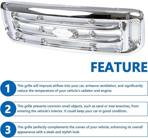 Perfit Liner Front Grille Grill Chrome 1999-2004 Fits FORD F250 F350 Super Duty | 2000-2005 FORD Excursion F81Z8200 FO1200417 in Saudi Arabia