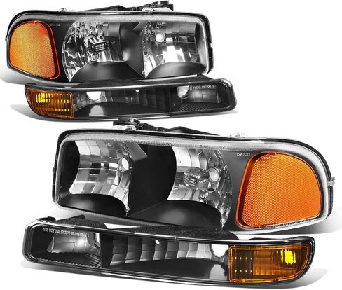 Auto Dynasty Headlights Assembly Compatible with 1999-2007 GMC Sierra Yukon 1500 2500 3500, Driver and Passenger Side Halogen Headlamps Replacement w/Bumper Lamps, Black Housing Clear Reflector in Saudi Arabia