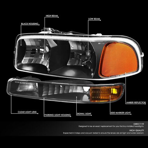 Auto Dynasty Headlights Assembly Compatible with 1999-2007 GMC Sierra Yukon 1500 2500 3500, Driver and Passenger Side Halogen Headlamps Replacement w/Bumper Lamps, Black Housing Clear Reflector in Saudi Arabia
