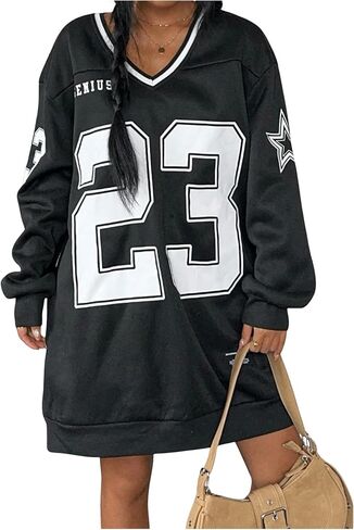MakeMeChic Women's Oversized Jersey Dress Y2K Number Print V Neck Long Sleeve Pullover Sweatshirt in Saudi Arabia