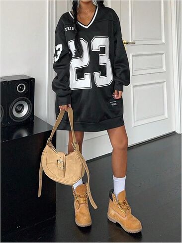 MakeMeChic Women's Oversized Jersey Dress Y2K Number Print V Neck Long Sleeve Pullover Sweatshirt in Saudi Arabia