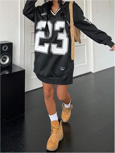 MakeMeChic Women's Oversized Jersey Dress Y2K Number Print V Neck Long Sleeve Pullover Sweatshirt in Saudi Arabia