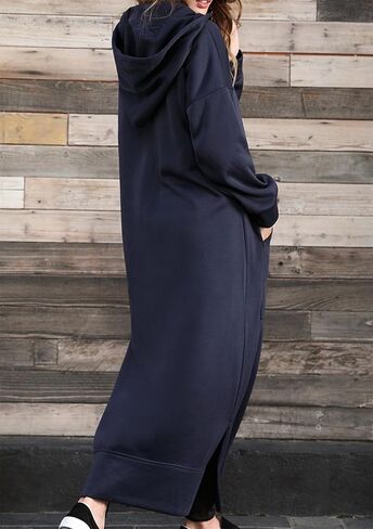 FLITAY Women's Hooded Loose Pullover Dress Solid Color Long Sweatshirt Slit Drawstring Hoodies with Pockets in Saudi Arabia