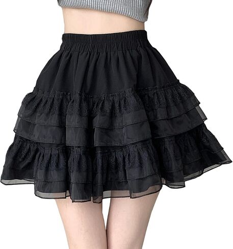 Womens Fashion Mini Skirt Y2K Casual High Waist A-Line Elastic Waist Lace Puffy Skirt in Saudi Arabia