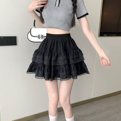 Womens Fashion Mini Skirt Y2K Casual High Waist A-Line Elastic Waist Lace Puffy Skirt in Saudi Arabia