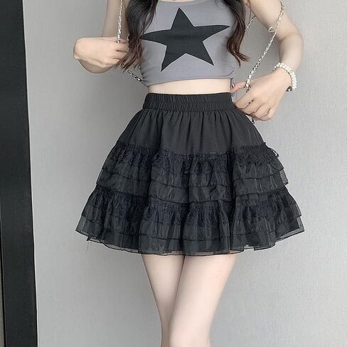 Womens Fashion Mini Skirt Y2K Casual High Waist A-Line Elastic Waist Lace Puffy Skirt in Saudi Arabia