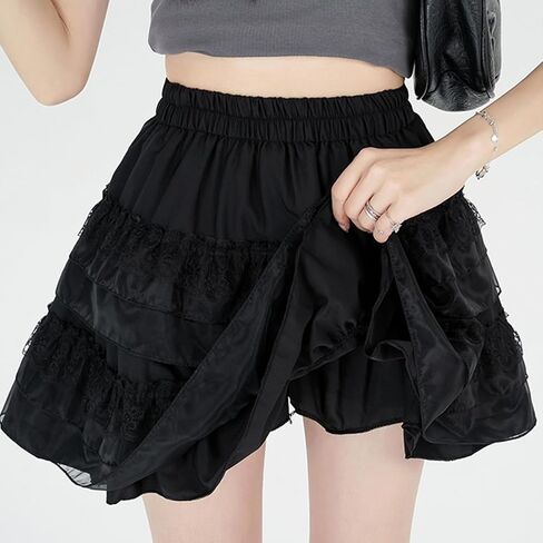 Womens Fashion Mini Skirt Y2K Casual High Waist A-Line Elastic Waist Lace Puffy Skirt in Saudi Arabia