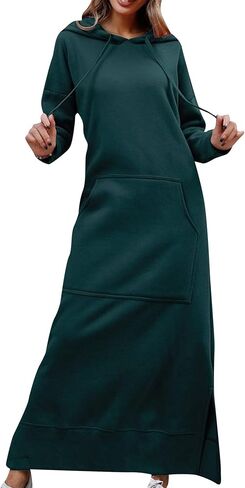 FLITAY Women's Hooded Loose Pullover Dress Solid Color Long Sweatshirt Slit Drawstring Hoodies with Pockets in Saudi Arabia