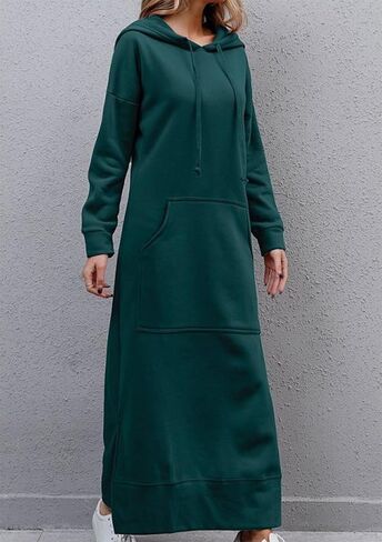 FLITAY Women's Hooded Loose Pullover Dress Solid Color Long Sweatshirt Slit Drawstring Hoodies with Pockets in Saudi Arabia