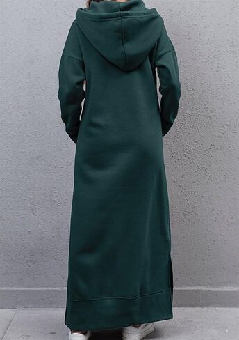 FLITAY Women's Hooded Loose Pullover Dress Solid Color Long Sweatshirt Slit Drawstring Hoodies with Pockets in Saudi Arabia