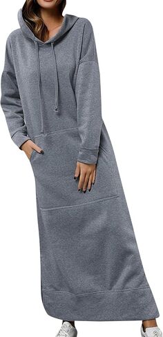 FLITAY Women's Hooded Loose Pullover Dress Solid Color Long Sweatshirt Slit Drawstring Hoodies with Pockets in Saudi Arabia