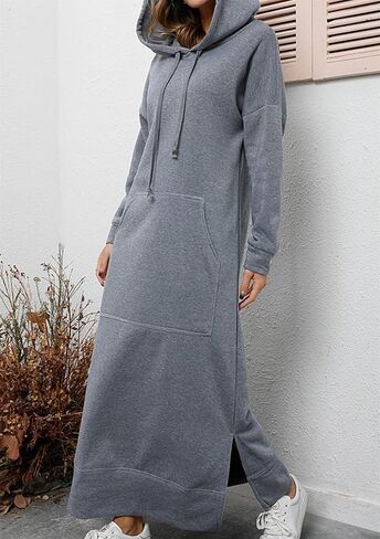 FLITAY Women's Hooded Loose Pullover Dress Solid Color Long Sweatshirt Slit Drawstring Hoodies with Pockets in Saudi Arabia
