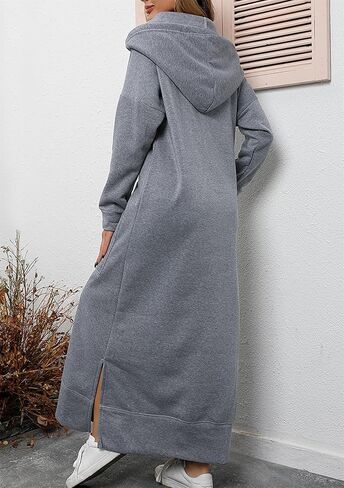 FLITAY Women's Hooded Loose Pullover Dress Solid Color Long Sweatshirt Slit Drawstring Hoodies with Pockets in Saudi Arabia