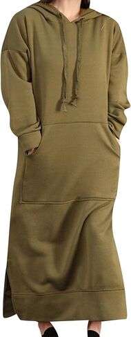FLITAY Women's Hooded Loose Pullover Dress Solid Color Long Sweatshirt Slit Drawstring Hoodies with Pockets in Saudi Arabia