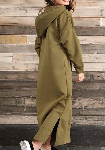 FLITAY Women's Hooded Loose Pullover Dress Solid Color Long Sweatshirt Slit Drawstring Hoodies with Pockets in Saudi Arabia