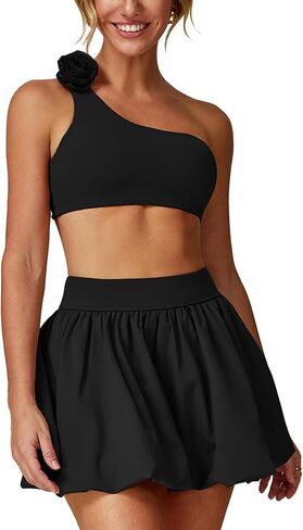 ABOCIW Womens 2 Piece Bubble Tennis Skirt One Shoulder Sports Bra Athletic Set Summer Pickleball Workout Golf Outfits in Saudi Arabia