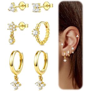 6PCS 14k Gold Plated Hoop Earrings Stacks for Women Trendy Small Chunky Huggie Earring CZ Cartilage Stud Earrings Hypoallergenic Dangle Chain Earrings for Multiple Piercing in Saudi Arabia