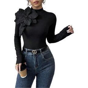 OYOANGLE Women's 3D Floral Long Sleeve Blouse Mock Neck Party Cocktail Elegant Top in Kuwait