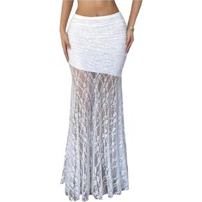 GORGLITTER تنورة طويلة نسائية من الدانتيل بنقشة الزهور وشبكة شفافة على شكل حرف A تنانير منخفضة الارتفاع ومكشكشة ومتدلية in Kuwait