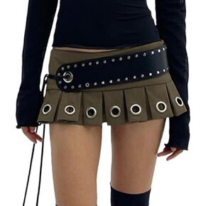 تنورة نسائية من جلد البولي يوريثان Y2K بخصر منخفض ومرصعة بحزام مطوي تنورة صغيرة للنادي in Kuwait