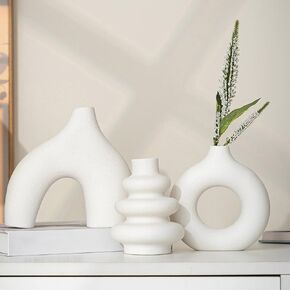 White Ceramic Vases Set of 3, Minimalist Nordic Modern Style, Round Donut Vase for Dried Flowers, Pampas Grass & Fresh Blooms,Boho Home Decor for Table Shelf Living Room Office (White) in Saudi Arabia