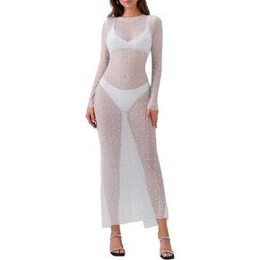 Women's Pear Cover Up Dress Sexy Sheer Mesh Bikini Long Sleeve Bodycon Swimsuit Swimwear Beach & Club Dress in Saudi Arabia