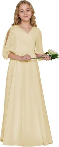 Girls V Neck Junior Bridesmaid Dress for Wedding Chiffon Flower Girl Wedding Party Dresses for Teen in Kuwait