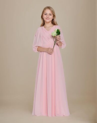 Girls V Neck Junior Bridesmaid Dress for Wedding Chiffon Flower Girl Wedding Party Dresses for Teen in Kuwait