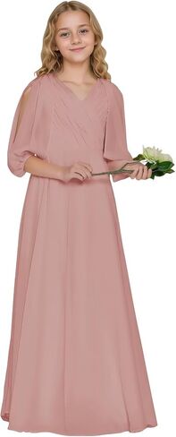 Girls V Neck Junior Bridesmaid Dress for Wedding Chiffon Flower Girl Wedding Party Dresses for Teen in Kuwait