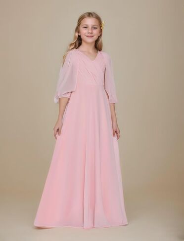 Girls V Neck Junior Bridesmaid Dress for Wedding Chiffon Flower Girl Wedding Party Dresses for Teen in Kuwait