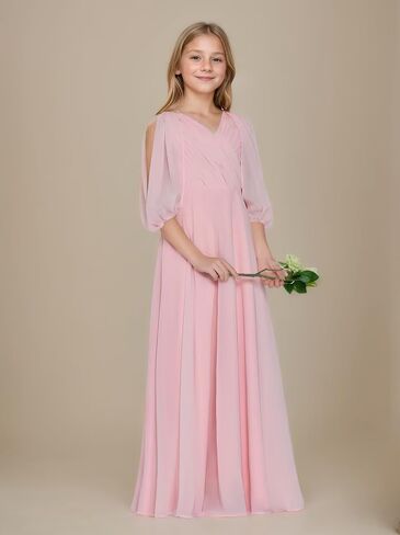 Girls V Neck Junior Bridesmaid Dress for Wedding Chiffon Flower Girl Wedding Party Dresses for Teen in Kuwait