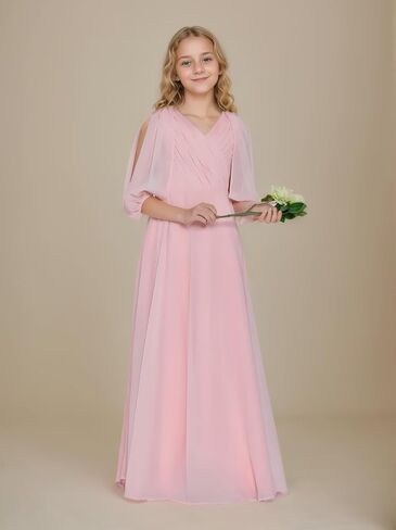 Girls V Neck Junior Bridesmaid Dress for Wedding Chiffon Flower Girl Wedding Party Dresses for Teen in Kuwait
