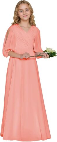 Girls V Neck Junior Bridesmaid Dress for Wedding Chiffon Flower Girl Wedding Party Dresses for Teen in Kuwait