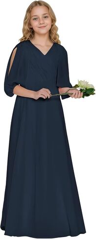 Girls V Neck Junior Bridesmaid Dress for Wedding Chiffon Flower Girl Wedding Party Dresses for Teen in Kuwait