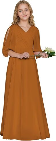 Girls V Neck Junior Bridesmaid Dress for Wedding Chiffon Flower Girl Wedding Party Dresses for Teen in Kuwait