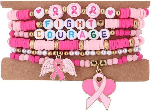 Breast Cancer Stackable Beads Bracelets Inspirational Pink Ribbon Bracelet for Women Hope Fight Courage Breast Cancer Awareness Encouragement Gift in Saudi Arabia