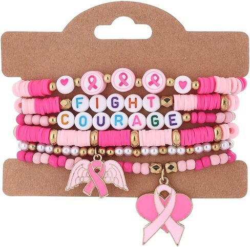 Breast Cancer Stackable Beads Bracelets Inspirational Pink Ribbon Bracelet for Women Hope Fight Courage Breast Cancer Awareness Encouragement Gift in Saudi Arabia
