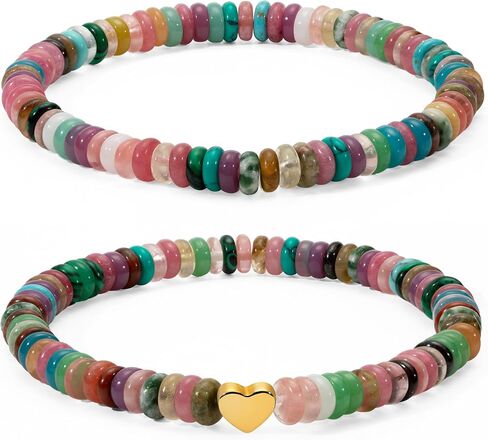 2 PCS Boho Beaded Stretch Bracelets for Women Natrue Stone Beads Gold-color Plated Heart Charm Surfer Bracelets Summer Beach Handmade Jewelry in Saudi Arabia