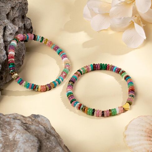 2 PCS Boho Beaded Stretch Bracelets for Women Natrue Stone Beads Gold-color Plated Heart Charm Surfer Bracelets Summer Beach Handmade Jewelry in Saudi Arabia