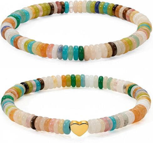 2 PCS Boho Beaded Stretch Bracelets for Women Natrue Stone Beads Gold-color Plated Heart Charm Surfer Bracelets Summer Beach Handmade Jewelry in Saudi Arabia