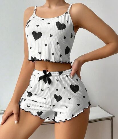Cami Pajama Set for Women 2 Piece Pj Set Heart Print Camisole Top and Shorts in Saudi Arabia