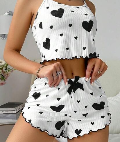 Cami Pajama Set for Women 2 Piece Pj Set Heart Print Camisole Top and Shorts in Saudi Arabia