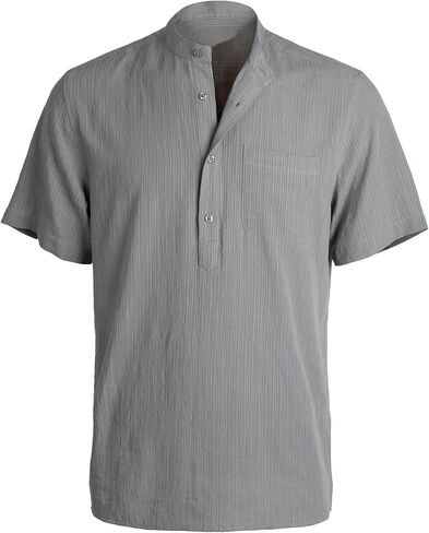 Mens Casual Cotton Viscose Henley Shirt Short Sleeve Solid Button-Down Beach Tops with Pocket in Saudi Arabia