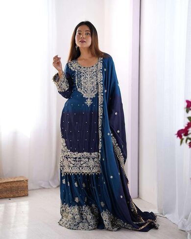 Women's Chinon Silk Sequence With Rivet Moti Work Straight Kurta With Sharara and Dupatta Set in Saudi Arabia
