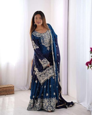 Women's Chinon Silk Sequence With Rivet Moti Work Straight Kurta With Sharara and Dupatta Set in Saudi Arabia