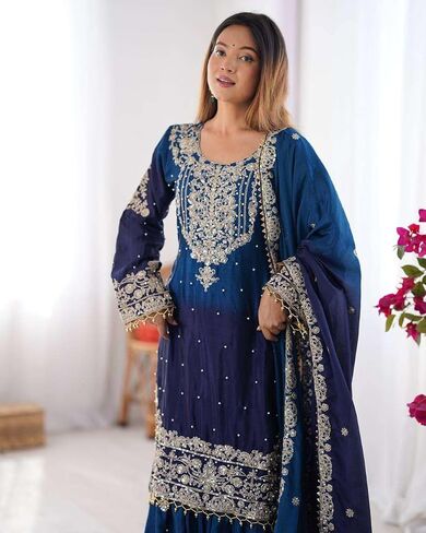 Women's Chinon Silk Sequence With Rivet Moti Work Straight Kurta With Sharara and Dupatta Set in Saudi Arabia