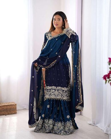 Women's Chinon Silk Sequence With Rivet Moti Work Straight Kurta With Sharara and Dupatta Set in Saudi Arabia